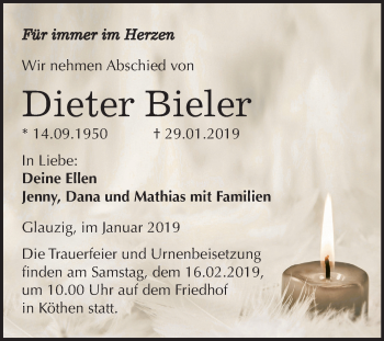 Traueranzeige von Dieter Bieler von Mitteldeutsche Zeitung Köthen