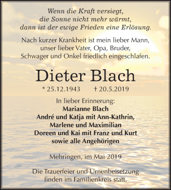 Traueranzeige von Dieter Blach von Mitteldeutsche Zeitung
