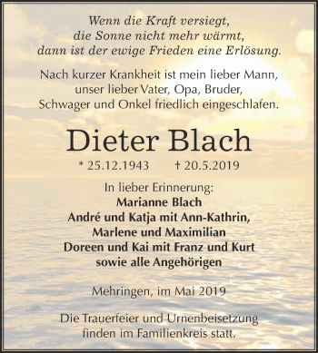 Traueranzeige von Dieter Blach von Super Sonntag Aschersleben