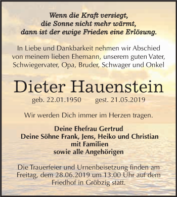 Traueranzeige von Dieter Hauenstein von WVG - Wochenspiegel Dessau / Köthen