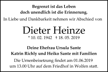Traueranzeige von Dieter Heinze von Mitteldeutsche Zeitung Bitterfeld