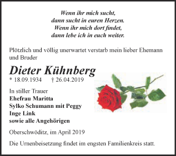 Traueranzeige von Dieter Kühnberg von WVG - Wochenspiegel NMB / WSF / ZTZ