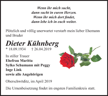 Traueranzeige von Dieter Kühnberg von Mitteldeutsche Zeitung Weißenfels