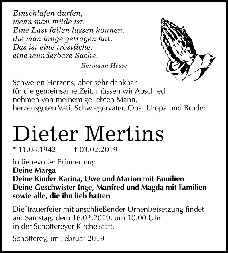  Traueranzeige für Dieter Mertins vom 09.02.2019 aus Mitteldeutsche Zeitung Merseburg/Querfurt