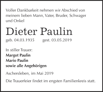 Traueranzeige von Dieter Paulin von Super Sonntag Aschersleben