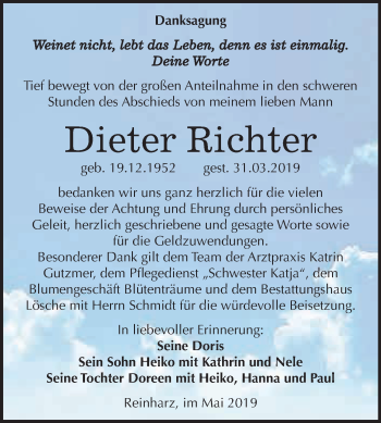 Traueranzeige von Dieter Richter von WVG - Wochenspiegel Wittenberg