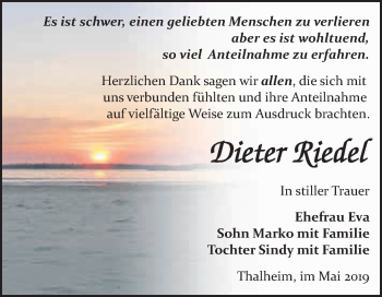 Traueranzeige von Dieter Riedel von WVG - Wochenspiegel Bitterfeld