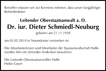 Traueranzeige von Dieter Schmiedl-Neuburg von Mitteldeutsche Zeitung