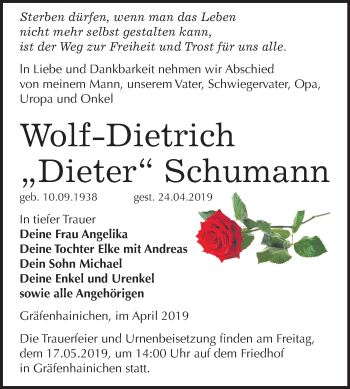 Traueranzeige von Dieter Schumann von Mitteldeutsche Zeitung