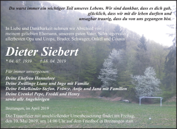 Traueranzeige von Dieter Siebert von Mitteldeutsche Zeitung Sangerhausen
