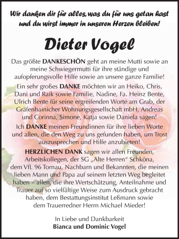 Traueranzeige von Dieter Vogel von WVG - Wochenspiegel Wittenberg