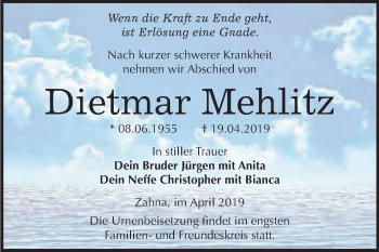 Traueranzeige von Dietmar Mehlitz von WVG - Wochenspiegel Wittenberg