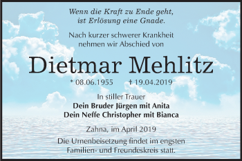 Traueranzeige von Dietmar Mehlitz von Mitteldeutsche Zeitung