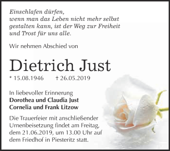 Traueranzeige von Dietrich Just von Super Sonntag Wittenberg