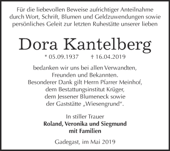 Traueranzeige von Dora Kantelberg von WVG - Wochenspiegel Wittenberg