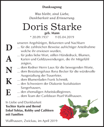 Traueranzeige von Doris Starke von Mitteldeutsche Zeitung Sangerhausen