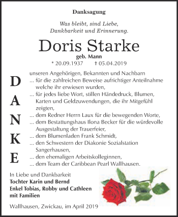 Traueranzeige von Doris Starke von Super Sonntag SGH Mansf. Land