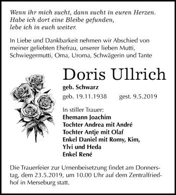 Traueranzeige von Doris Ullrich von Mitteldeutsche Zeitung