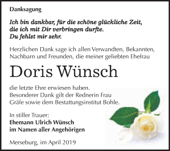 Traueranzeige von Doris Wünsch von WVG - Wochenspiegel Merseburg