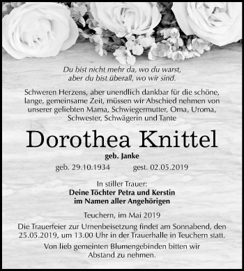 Traueranzeige von Dorothea Knittel von Mitteldeutsche Zeitung