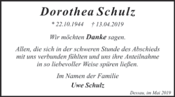 Traueranzeige von Dorothea Schulz von WVG - Wochenspiegel Dessau / Köthen
