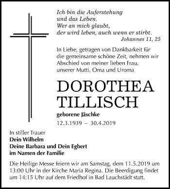 Traueranzeige von Dorothea Tillisch von Mitteldeutsche Zeitung Merseburg/Querfurt