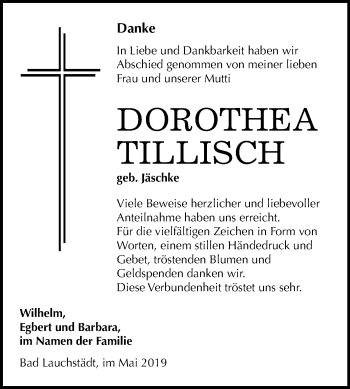 Traueranzeige von Dorothea Tillisch von Mitteldeutsche Zeitung