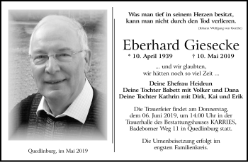 Traueranzeige von Eberhard Giesecke von WVG - Wochenspiegel Quedlinburg