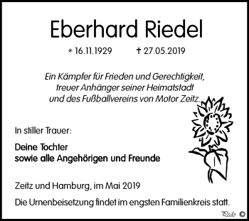 Traueranzeige von Eberhard Riedel von WVG - Wochenspiegel NMB / WSF / ZTZ