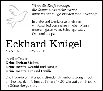 Traueranzeige von Eckhard Krügel von WVG - Wochenspiegel Quedlinburg