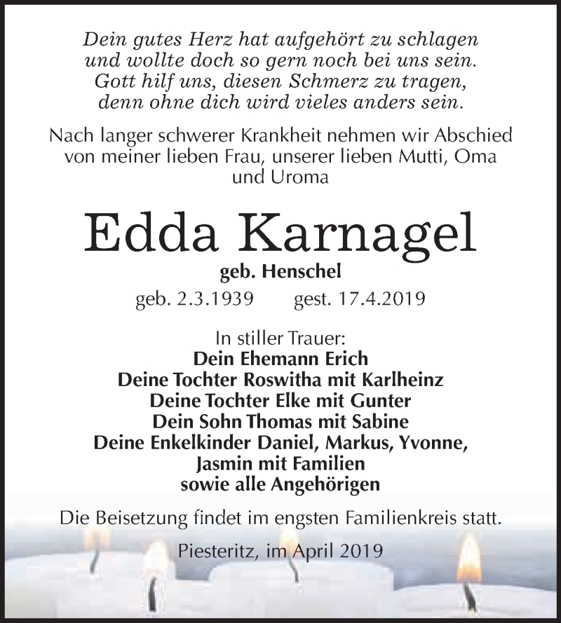  Traueranzeige für Edda Karnagel vom 04.05.2019 aus WVG - Wochenspiegel Wittenberg