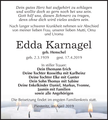Traueranzeige von Edda Karnagel von WVG - Wochenspiegel Wittenberg