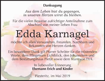 Traueranzeige von Edda Karnagel von WVG - Wochenspiegel Bitterfeld