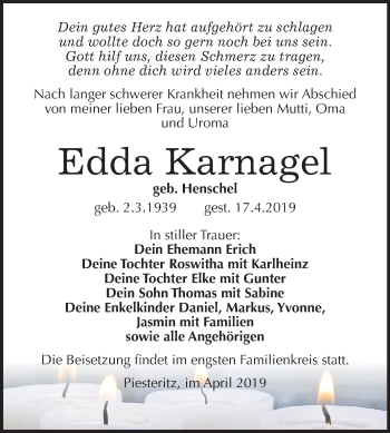 Traueranzeige von Edda Karnagel von Mitteldeutsche Zeitung