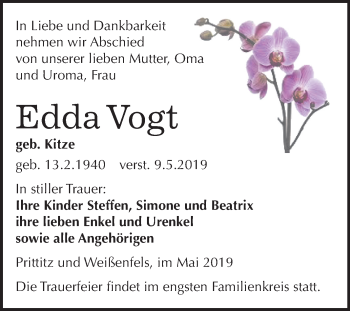 Traueranzeige von Edda Vogt von Mitteldeutsche Zeitung Weißenfels