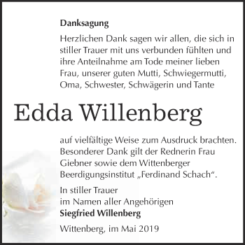 Traueranzeige von Edda Willenberg von WVG - Wochenspiegel Wittenberg