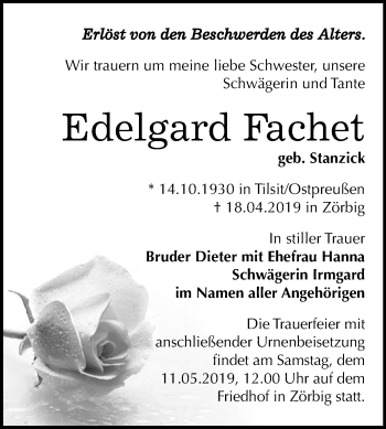 Traueranzeige von Edelgard Fachet von Mitteldeutsche Zeitung Bitterfeld