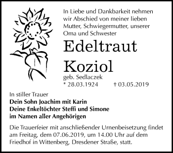 Traueranzeige von Edeltraut Koziol von Mitteldeutsche Zeitung