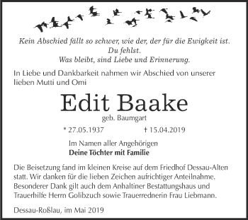 Traueranzeige von Edit Baake von WVG - Wochenspiegel Dessau / Köthen