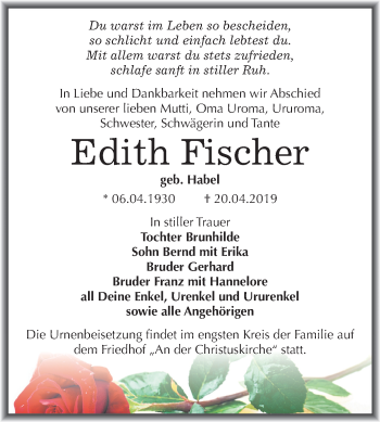 Traueranzeige von Edith Fischer von Mitteldeutsche Zeitung