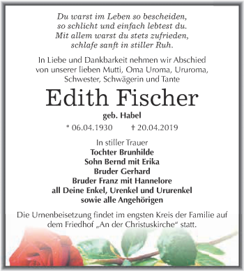 Traueranzeige von Edith Fischer von WVG - Wochenspiegel Wittenberg