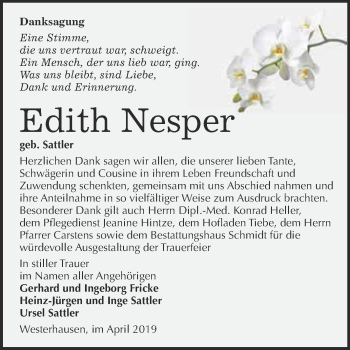 Traueranzeige von Edith Nesper von Super Sonntag Quedlinburg