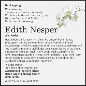 Traueranzeige von Edith Nesper von Mitteldeutsche Zeitung Quedlinburg