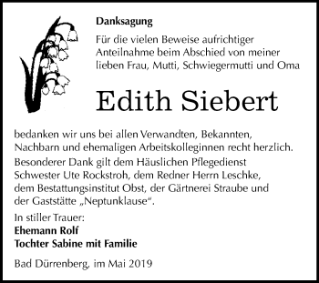 Traueranzeige von Edith Siebert von Mitteldeutsche Zeitung Merseburg/Querfurt