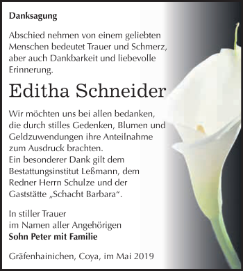 Traueranzeige von Editha Schneider von WVG - Wochenspiegel Wittenberg
