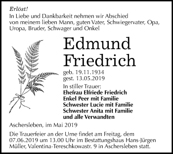 Traueranzeige von Edmund Friedrich von Mitteldeutsche Zeitung Aschersleben
