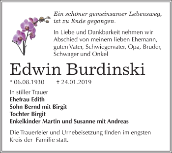 Traueranzeige von Edwin Burdinski von Mitteldeutsche Zeitung Dessau-Roßlau