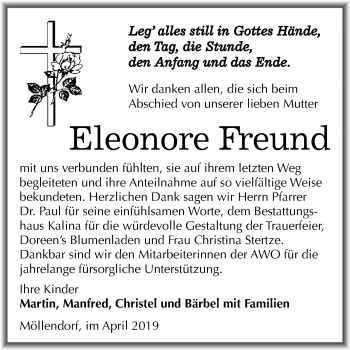 Traueranzeige von Eleonore Freund von Super Sonntag SGH Mansf. Land