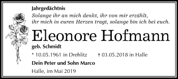 Traueranzeige von Eleonore Hofmann von Mitteldeutsche Zeitung Halle/Saalkreis