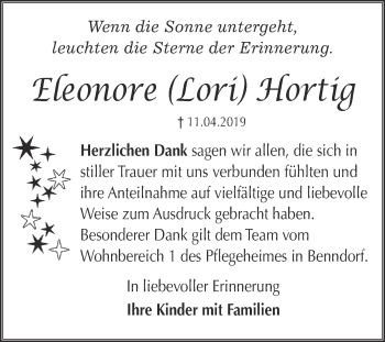 Traueranzeige von Eleonore Hortig von Super Sonntag SGH Mansf. Land